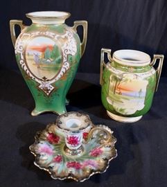 209a 3 pieces of H.P. Nippon, 2 vases and candle holder, 10 in. T.