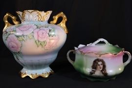 216a 2 piece hand painted porcelains, vase and bowl with lid, 19 in. T, 10 in. W