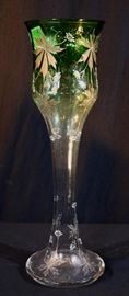 251a Green art glass vase with gold enamel paint, 15 in. T, 5 in. D.