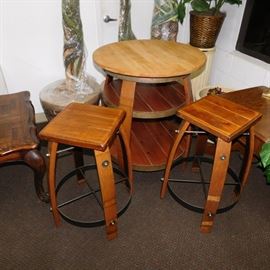 whiskey barrel table and bar stools