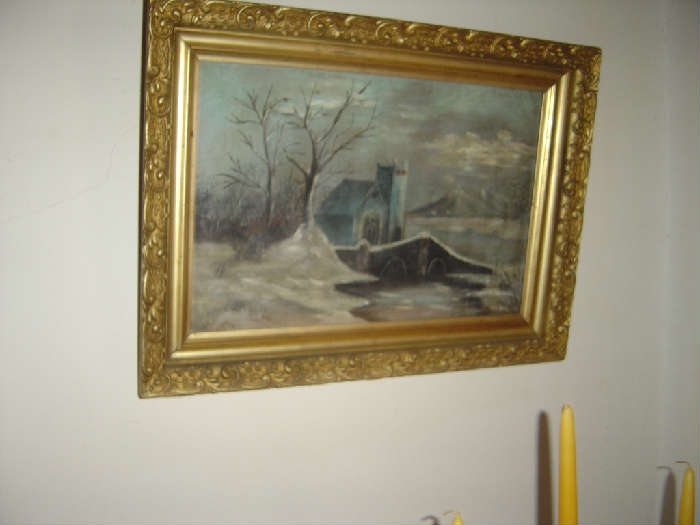 19th Century Oil on Board Winter Scene 12 X 20 approx