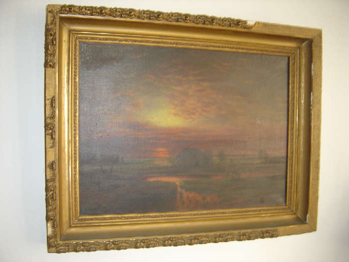 LH  - Victorian 19th century Oil Board Painting of Sunset at sea
Unsigned 16 X 24 approx. Frame needs restoration