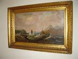 LH-7 Large Fine 19th Century Oil Painting of Ship at Stormy Sea, Unsigned 20 X 48 Approx...Very Good condition