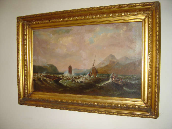 LH-7  Large Fine 19th Century Oil Painting of Ship at Stormy Sea, Unsigned 20 X 48 Approx...Very Good condition