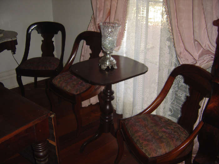 LH-P set 4 Classical Empire Gondola Chairs, 
          Plus small Federal Tilt Tea Table