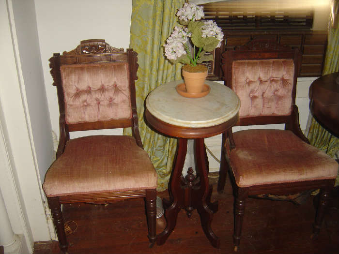 L-13  Pair Eastlake Parlor Chairs Pink Tufted Backs