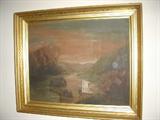 Parlor 19th Century Oil on Canvas "European small boat in River"
24 X 36 Unsigned