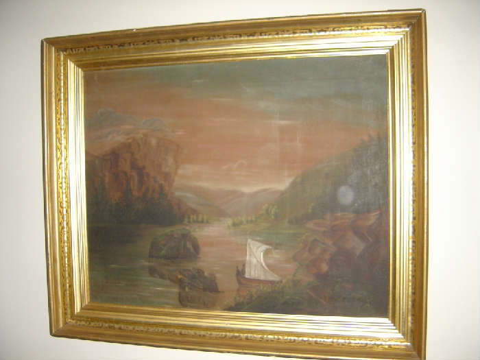 Parlor 19th Century Oil on Canvas "European small boat in River"
 24 X 36 Unsigned