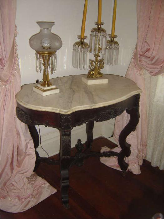 P-6  Rosewood Marbletop Parlor Table (Likely Meeks or McCracken)

Lamp is Possible Starr and Fellows