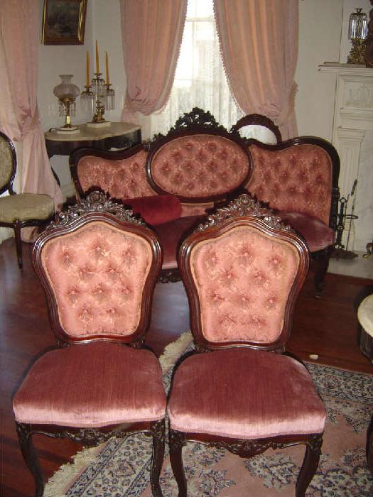 P-1 Charles Baudoine Rococco Revival Parlor Sofa (There are 2 Matching)
P-11  Baudoine set 6 Rococco Revival Side Chairs
ROSEWOOD