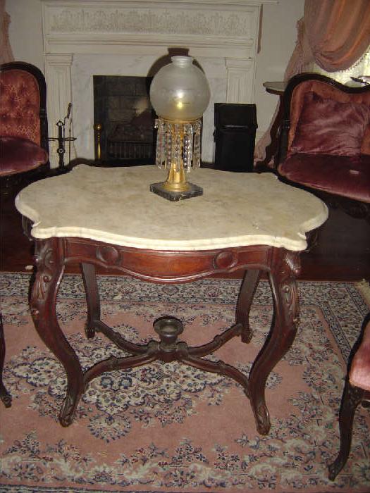 P-14  Mahogany Turtle Marbletop Parlor Center Table (small basket)

Solar or Astral Lamp is Likely Hooper and co. see Pic 219