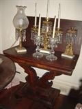 P-3 Flame Mahogany Lyre Game Table with Astral Lamp and
Girondole Candleticks