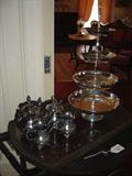 Silver Tea set and 4 Tier New Silver Petitfour Server