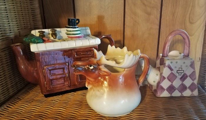 Teapots and a moose pitcher