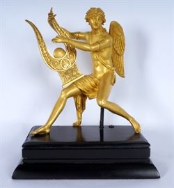 Early 19th C gilt French Bronze Dore Figural Angel with Lyre.