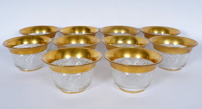 Ten Baccarat Style Gilt Decorated Cut Glass Bowls