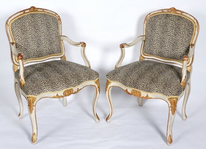 Pr.  19th C. French Fauteuil  Louis XV Chairs 
