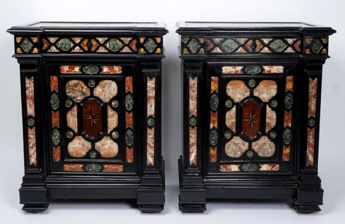 19th C. Pair Italian Inset Marble Specimen Cabinets
