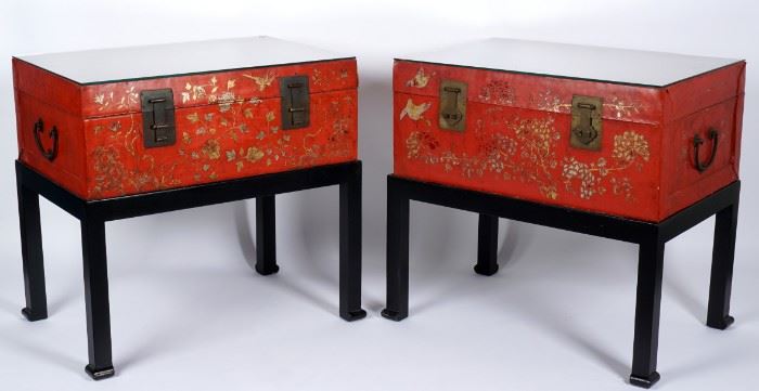  Two Chinese  Red Lacquer Wedding Chests on Frame 