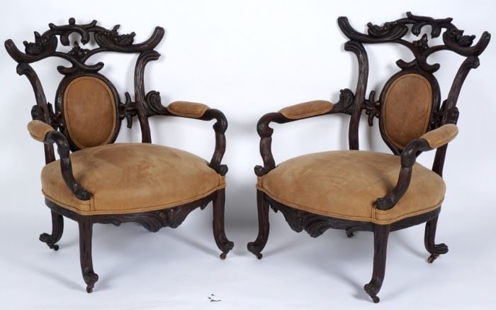 Pair Black Forest Carved Chairs