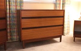 Kipp Stewart Mid Century Modern for Calvin Furniture Co. Walnut/Rosewood 3-Drawer Lowboy Dresser Dimensions: (HxWxD in)	29.5x38x17in