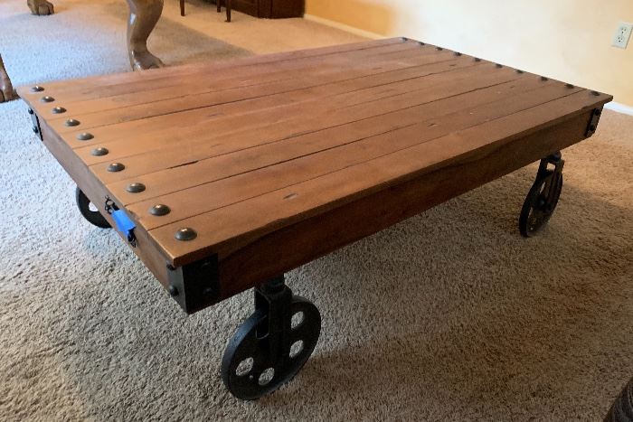 World Market Metal Wheel Coffee Table 15x30x48in HxWxD