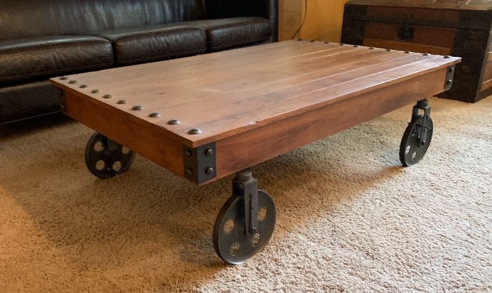 World Market Metal Wheel Coffee Table 15x30x48in HxWxD