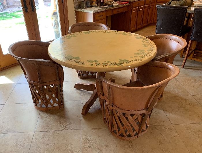 ▪ 4 Mexican Equipale Pigskin Leather Chairs 30x24x21 Seat: 17in HxWxD
▪ Hand Painted Dining Room Table 48in Diameter x 20in H