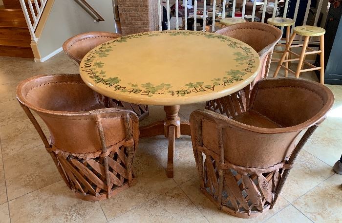 ▪ 4 Mexican Equipale Pigskin Leather Chairs 30x24x21 Seat: 17in HxWxD
▪ Hand Painted Dining Room Table 48in Diameter x 20in H