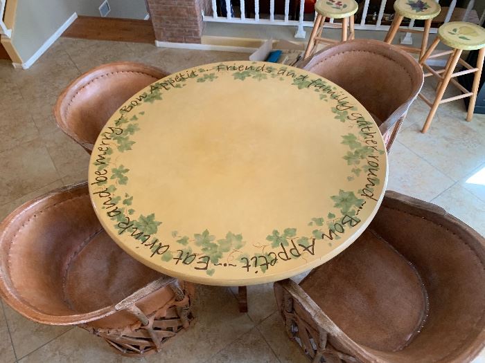 ▪ 4 Mexican Equipale Pigskin Leather Chairs 30x24x21 Seat: 17in HxWxD
▪ Hand Painted Dining Room Table 48in Diameter x 20in H