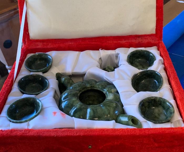 Chinese Spinach Jade Tea Set in Case
