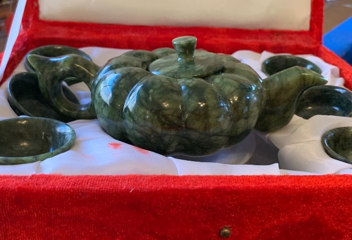 Chinese Spinach Jade Tea Set in Case