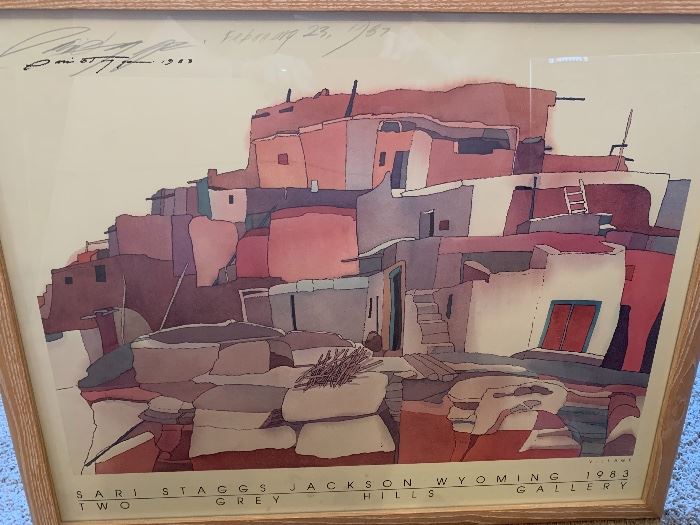 *Signed* Sari Staggs Native American Village Double signed framed Print 28x24in