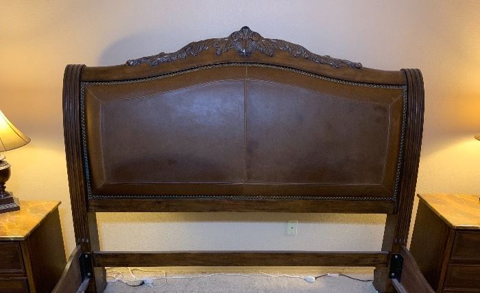 King Leather/Wood Sleigh Bed (No Mattress) 67x81x108in HxWxD