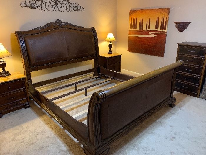 King Leather/Wood Sleigh Bed (No Mattress) 67x81x108in HxWxD