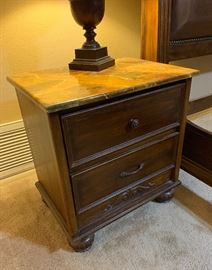2 Faux Marble Top Dark Wood Nightstands PAIR 26x24x18in HxWxD