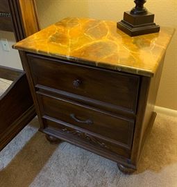 2 Faux Marble Top Dark Wood Nightstands PAIR 26x24x18in HxWxD