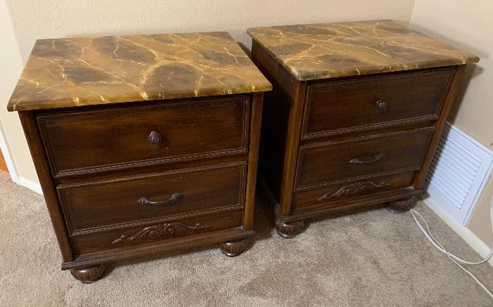 2 Faux Marble Top Dark Wood Nightstands PAIR 26x24x18in HxWxD