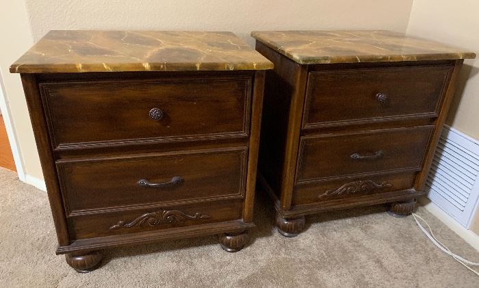 2 Faux Marble Top Dark Wood Nightstands PAIR 26x24x18in HxWxD
