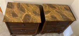 2 Faux Marble Top Dark Wood Nightstands PAIR	26x24x18in	HxWxD