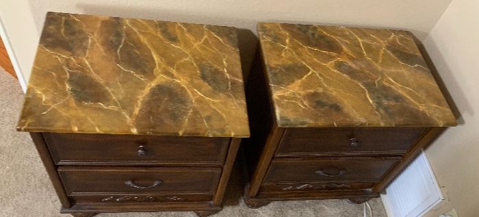 2 Faux Marble Top Dark Wood Nightstands PAIR 26x24x18in HxWxD