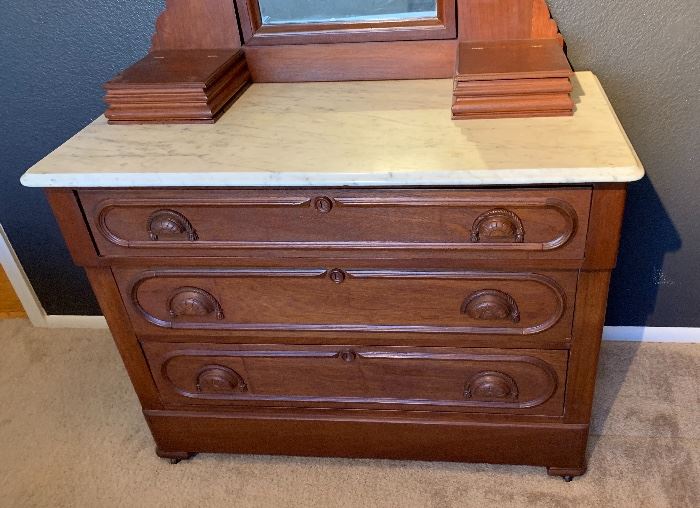 Antique Marble Top Walnut Empire Dresser w/ Mirror 32 (+44 Mirror) 42x20in HxWxD