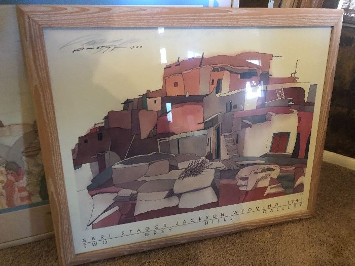*Signed* Sari Staggs Native American Village Double signed framed Print 28x24in