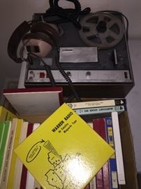 early Sony TC 252 D  reel to reel tape recorder with the headphones and a box filled with reel to reel tapes