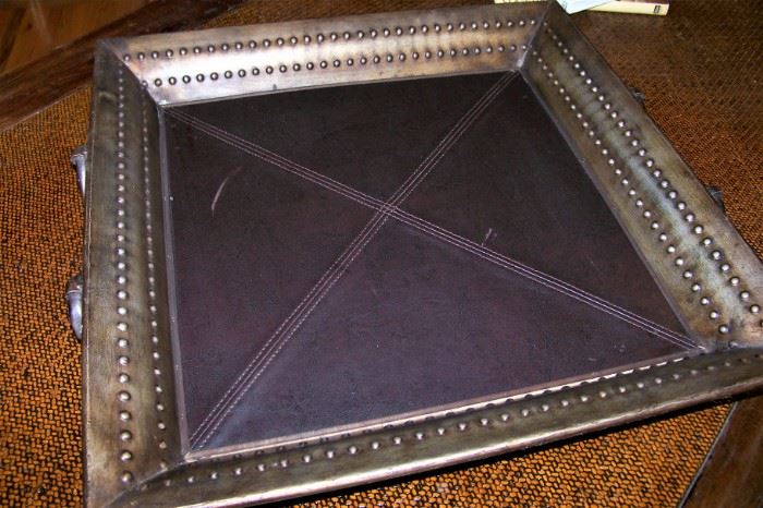 Large metal decorative tray, leather interior
