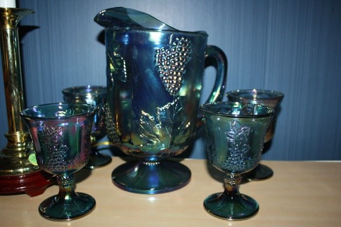 Beautiful Blue Carnival Glass Pitcher and Glasses set
