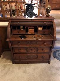 Victorian Walnut Cylinder Roll Top Secretary Desk