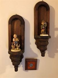 Antique Wood Wall Displays with Hummel Figurines