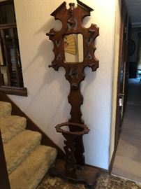 Antique Victorian Hall Tree with Cast Iron Insert Drip Plate