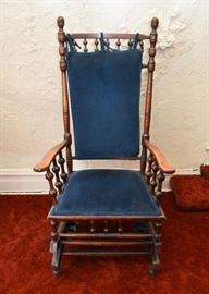 Antique Wooden Rocking Chair with Blue Velveteen Pads